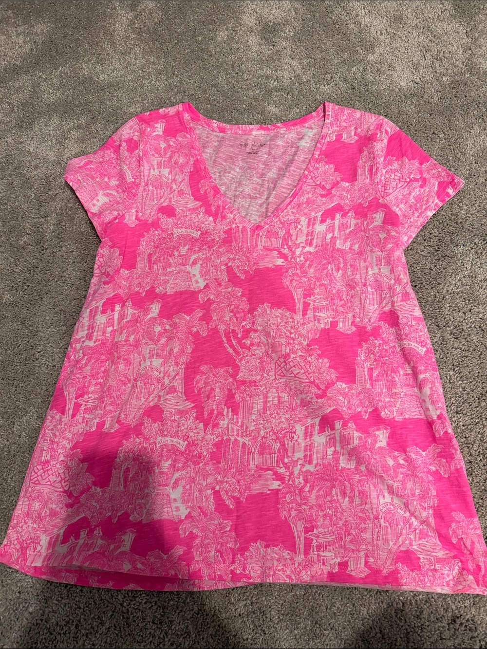 Lilly Pulitzer Hot Pink V-Neck Short Sleeve Tee with White Scenic Print